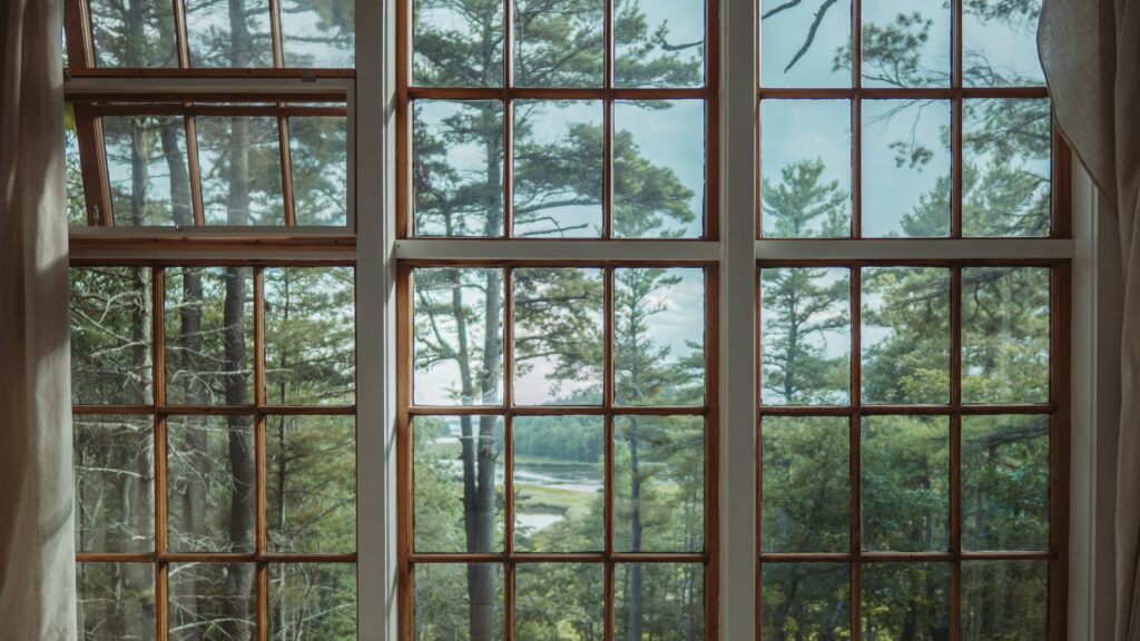 Fenêtre en bois ouverte sur la forêt, dans un logement rénové